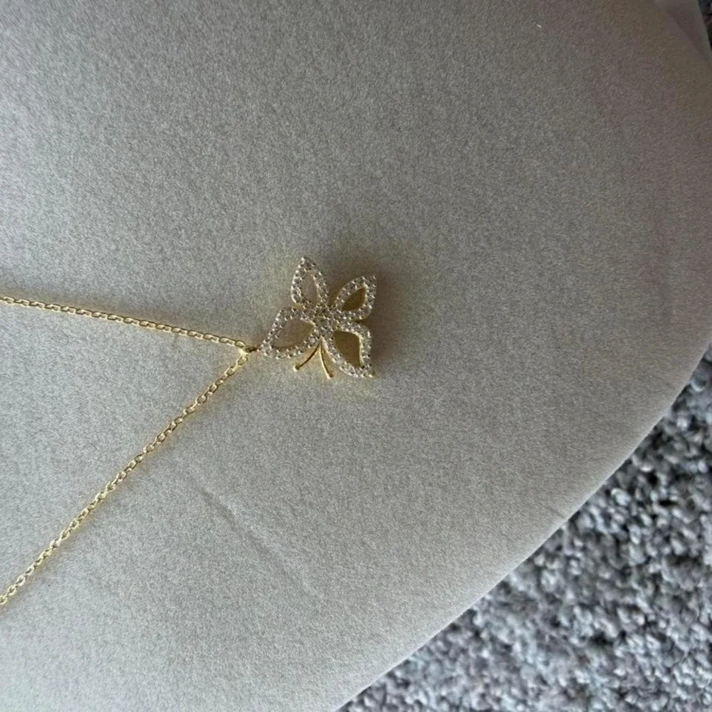 Gold Butterfly Pendant Necklace Pavé Crystal Charm Dainty Jewelry - Picture 2 of 6
